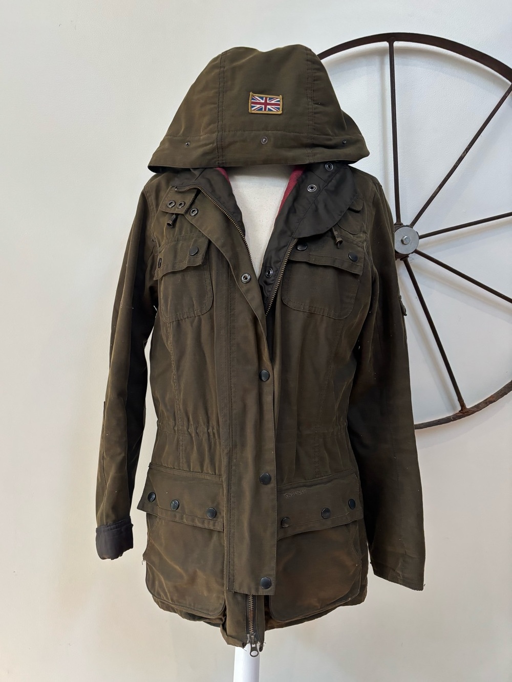 Barbour army green Winter Force waxed parka Union Jack jacket 12